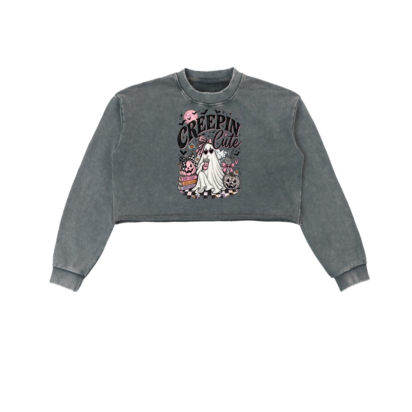 Creepin’ Cute Snow Washed Raw Edge Cropped Sweatshirt