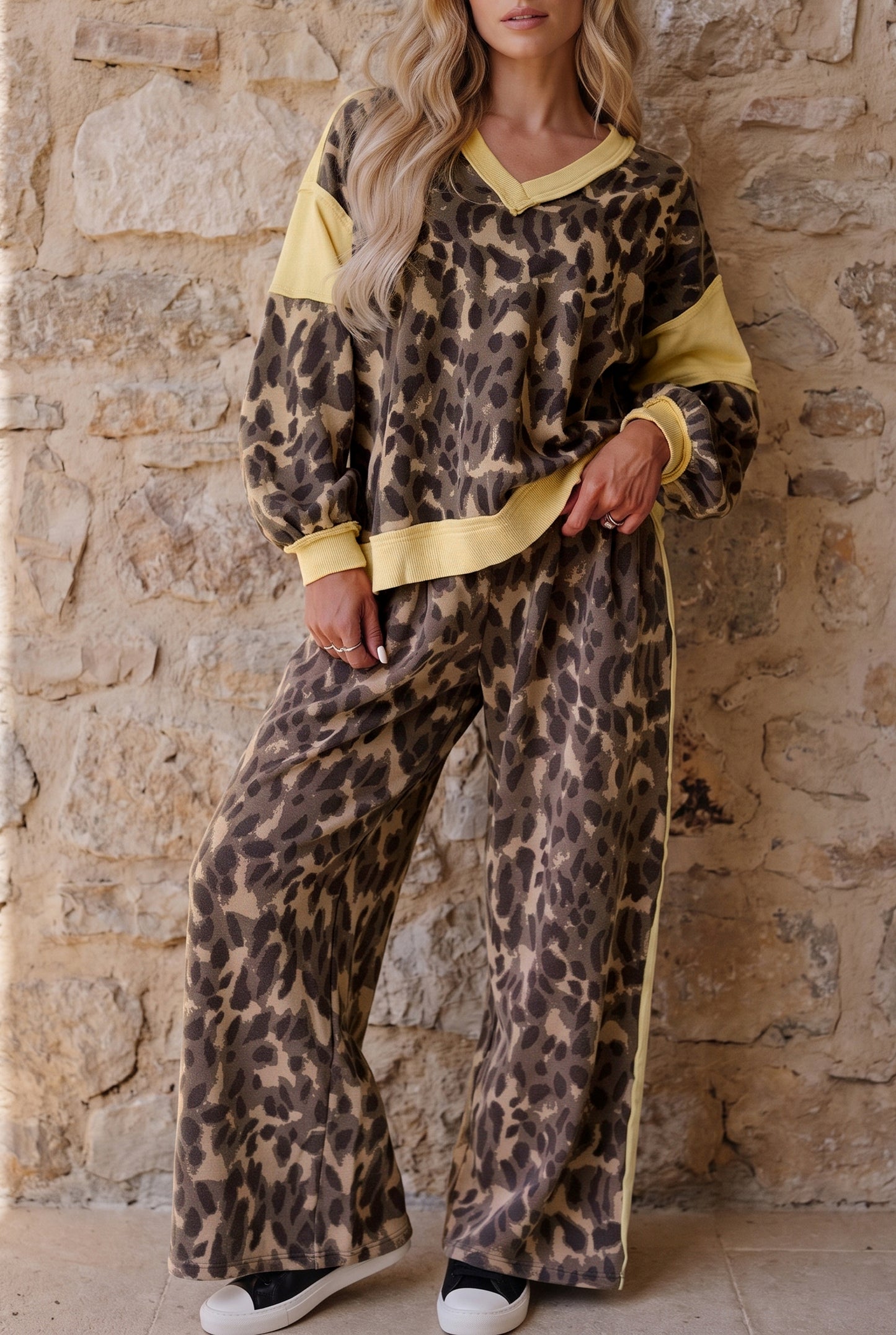 Brown Leopard Print Long Sleeve V-Neck Wide Leg Pant Set