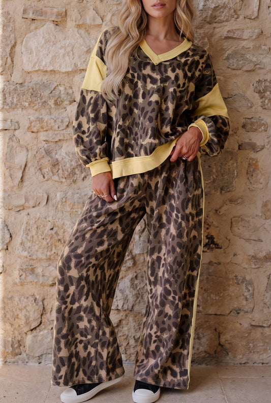 Brown Leopard Print Long Sleeve V-Neck Wide Leg Pant Set