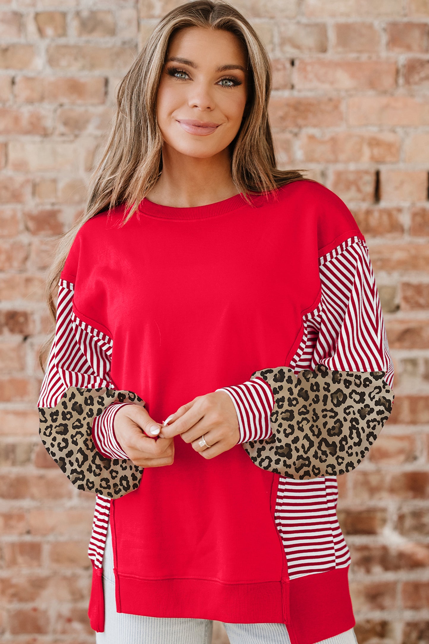 Dark Blue Striped Patchwork Sleeve Colorblock Sweatshirt
